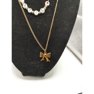 Necklace Gold Tone Bow W/red Rhinestones Spring Ring Clasps #3